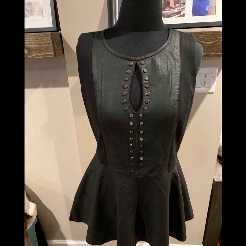 My Tribe Leather And Ponte Knit Studded Peplum Top. Bust 17” Waist 15” Length 27